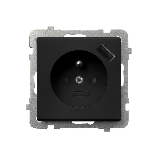 SONATA Gniazdo pojedyncze z uziemieniem z przesłonami torów prądowych, z ładowarką USB - kolor czarn