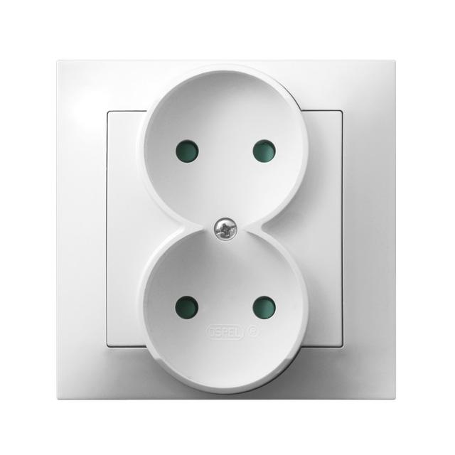 IMPRESJA Gniazdo podwójne z przesłonami torów prądowych, kompletne z ramką - kolor biały