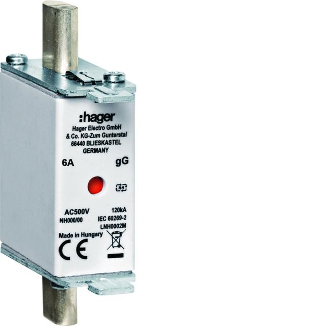 Wkładka bezp. nożowa typ NH000 gG wsk.podwójny 6A 500V LNH0006M HAGER