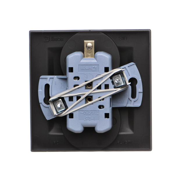 Simon 10 Gniazdo z/u podwójne z f. niezm. faz 16A z. śrub. monoblok czarny