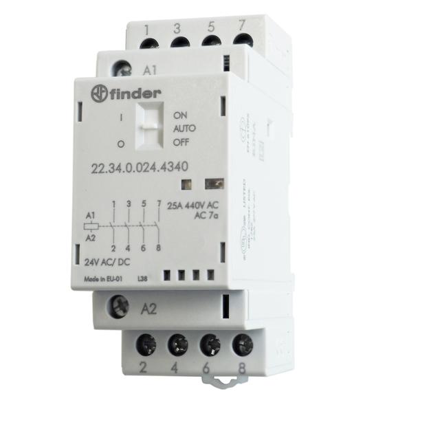 Stycznik modułowy 4 Z; 25A; 24V AC/DC; AUTO-ON-OFF + mech. wskaźnik zadziałania + LED, 22.34.0.024.4