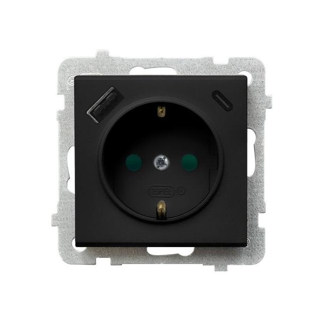 Gniazdo pojedyncze z uziemieniem schuko z ładowarką A+C SONATA CZARNY