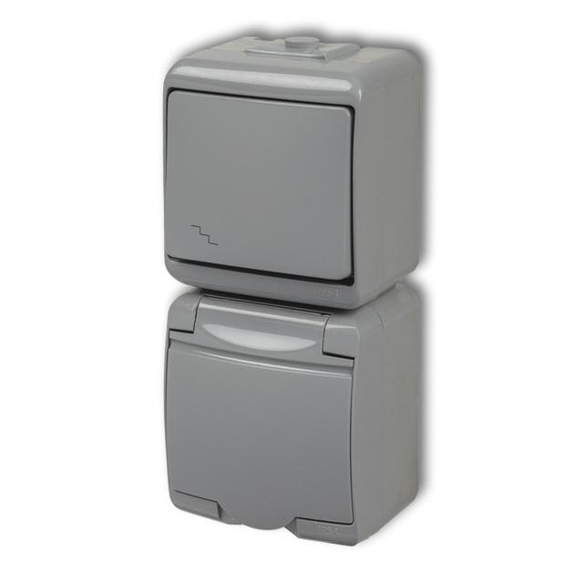 JUNIOR Łącznik schodowy z gniazdem pojedynczym z uziemieniem 2P+Z (klapka popielata; przesłony torów