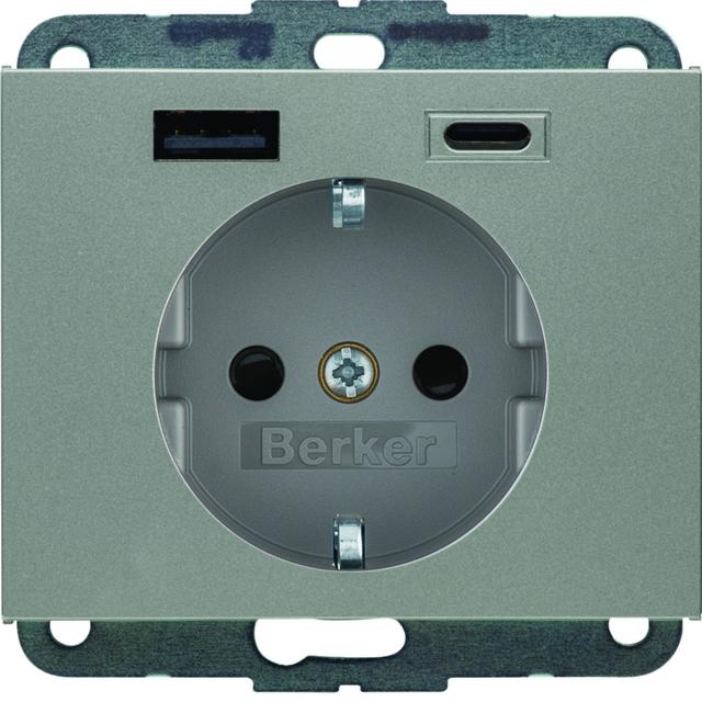 K.5 Gniazdo SCHUKO z ładowarką USB A+C 20W PD, stal szlachetna lakierowana