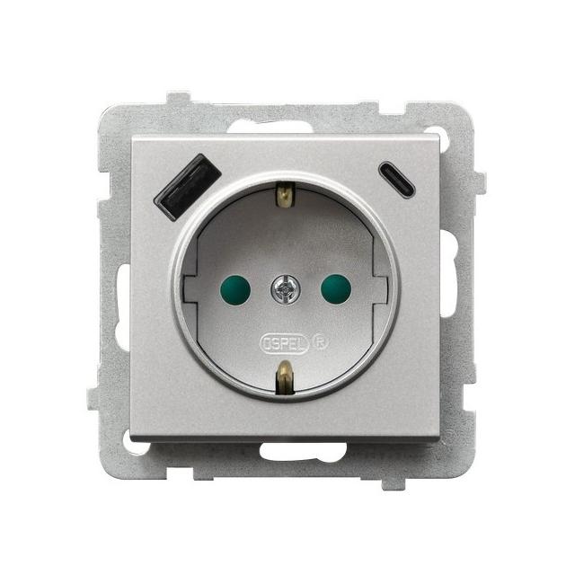 Gniazdo pojedyncze z uziemieniem schuko z ładowarką A+C SONATA SREBRNY MAT