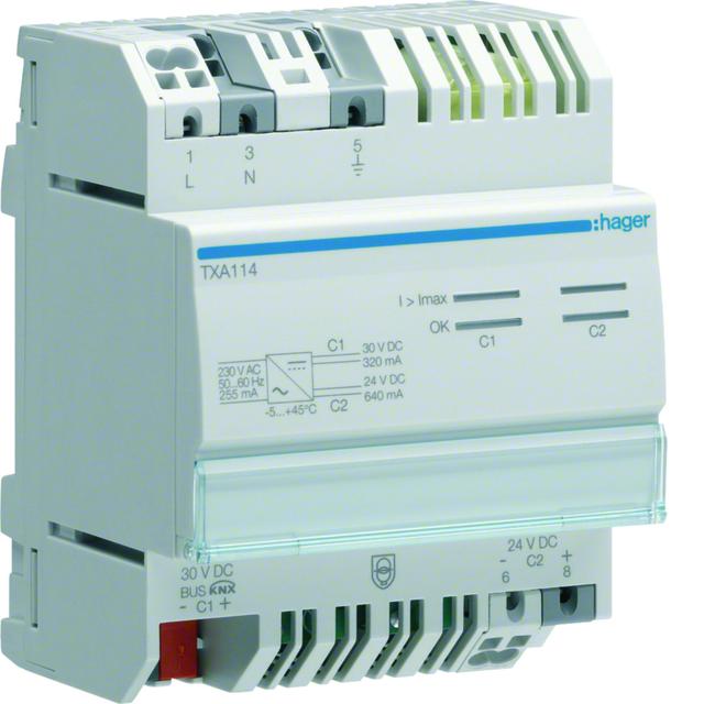 KNX e/s Zasilacz KNX 1 x 30V DC 320 mA + 1 x 24V DC 640 mA TXA114 HAGER