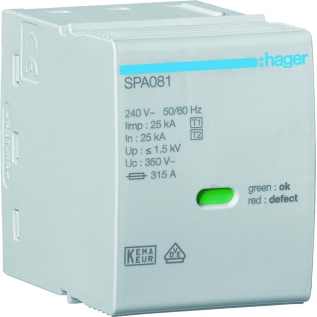 SPD Moduł T1 1P sieć TN-S/TN-C/TT(L-N) Iimp=25kA Up?1,5kV In=25kA do SPA80x SPA081 HAGER