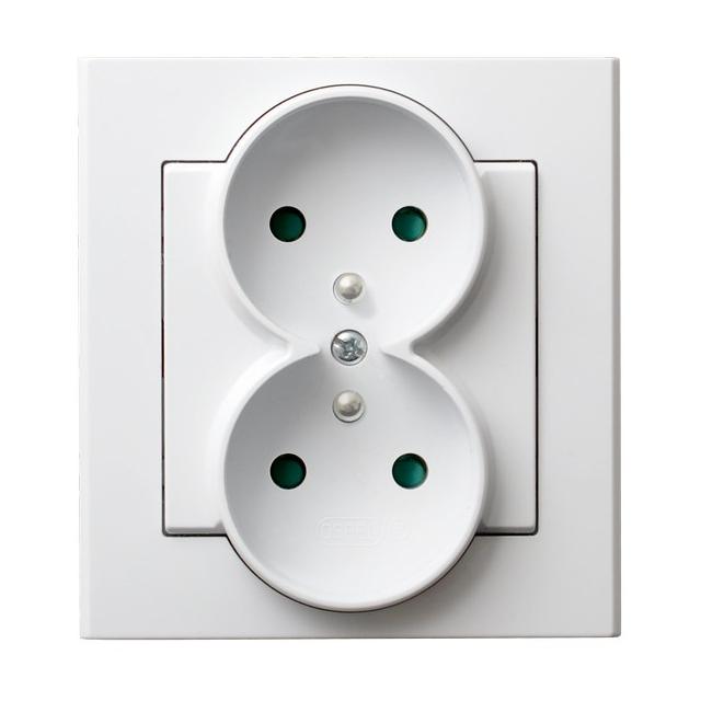 SONATA Gniazdo podwójne z uziemieniem z przesłonami torów prądowych, kompletne z ramką - kolor biały