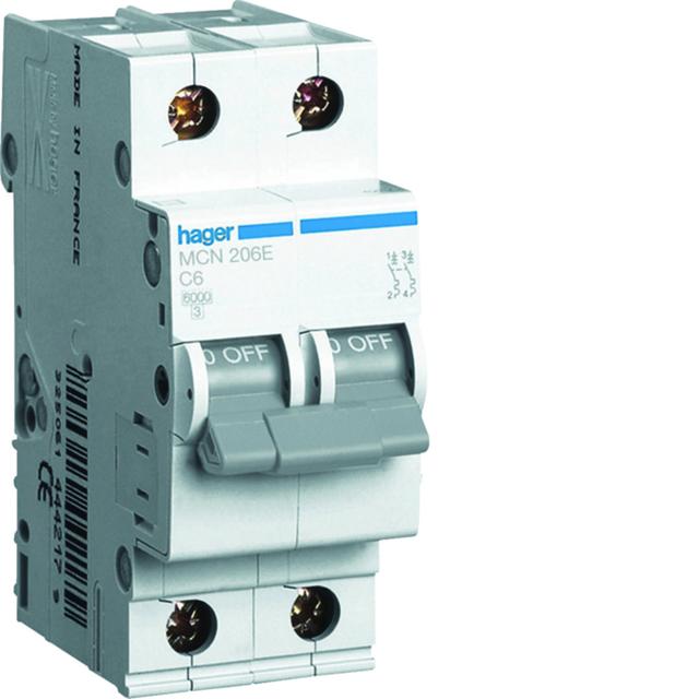 MCB Wyłącznik nadprądowy 6kA 2P C 6A MCN206E HAGER