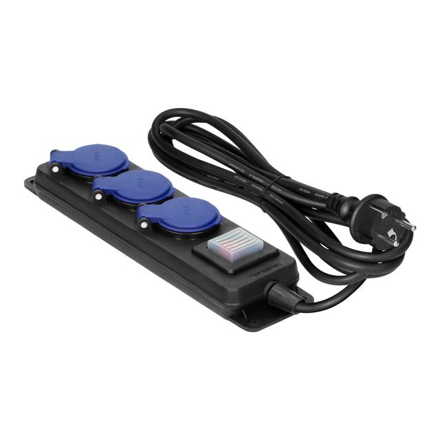 Przedłużacz warsztatowy bryzgoszczelny z wyłącznikiem IP44, 3 gniazda 2P+Z IP44, przewód gumowy, H05