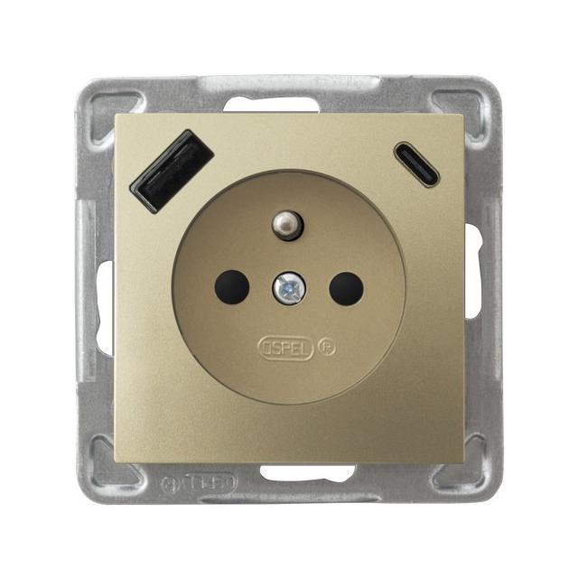 IMPRESJA Gniazdo pojedyncze z uziemieniem z przesłonami torów prądowych z ładowarką USB A+C kolor złoty metalik GP-1YZPUSBAC/m/28 OSPEL
