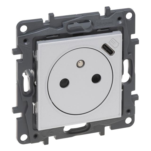 Niloe Step Gniazdo Pojedyncze Z Uziemieniem Z Usb Typu C Umieszczonym W Plakietce Zaciski Automatyczne Z Przesłoną- Kolor Aluminium 863338 LEGRAND