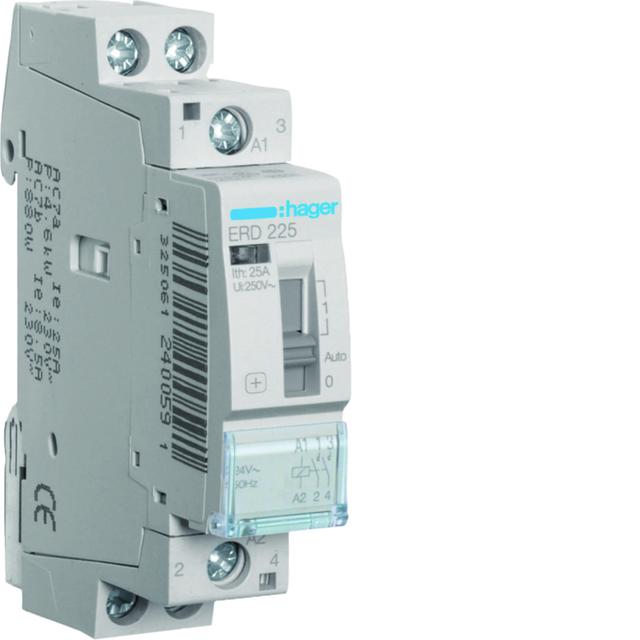 Stycznik modułowy z możliwością sterowania ręcznego 24V AC 2Z 25A AC-7A B ERD225 HAGER