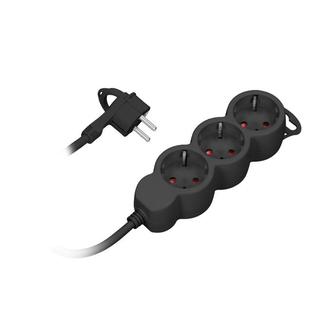 Przedłużacz 3-krotny 2P+Z (Schuko) , 3m H05VV-F 3x1,5mm2, Imax=16A, płaska wtyczka, czarny
