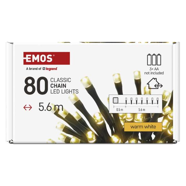 Lampki choinkowe Classic 80 LED 5,6m 3x AA ciepła biel czarny IP44 timer D4FW02 EMOS