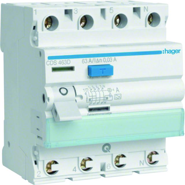 RCCB Wyłącznik różnicowoprądowy 3P+N 63A 30mA Typ A QuickConnect CDS463D HAGER