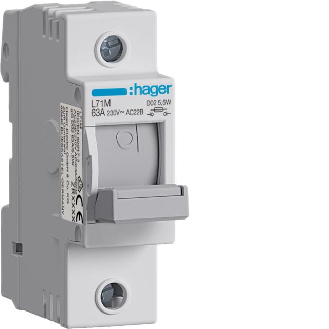 Modułowy rozłącznik bezpiecznikowy poziomy D02 1P 63A 400VAC 110/220VDC L71M HAGER