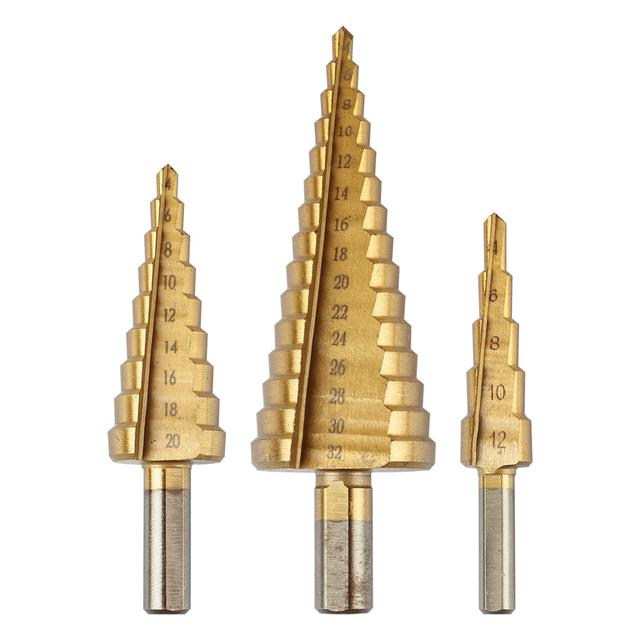 Wiertła stopniowe: 4-12, 4-20, 4-32 mm, TiN, zestaw 3 szt.