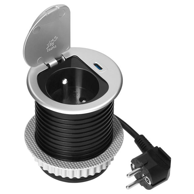 Gniazdo meblowe O6cm wpuszczane w blat z pokrywką, ładowarką USB i przewodem 1,9m, 1x2P+Z (French), OR-GM-9040/G ORNO