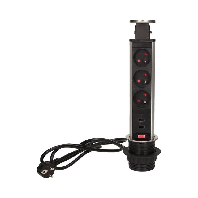 Gniazdo meblowe 3x2P+Z, 2xUSB, wysuwane z blatu 6cm, z blokadą i przewodem 1,8m, INOX
