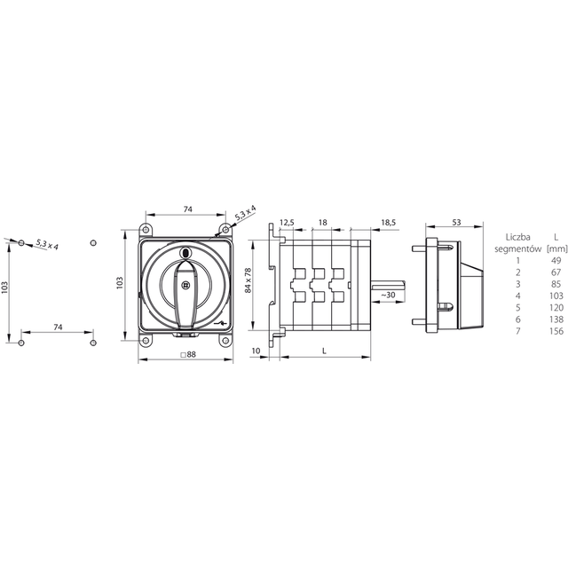 Łącznik Krzywkowy 100A, Przełącznik rozruchowy trójfazowy (0,Y,A), mocowanie do bazoszynowe czoło za