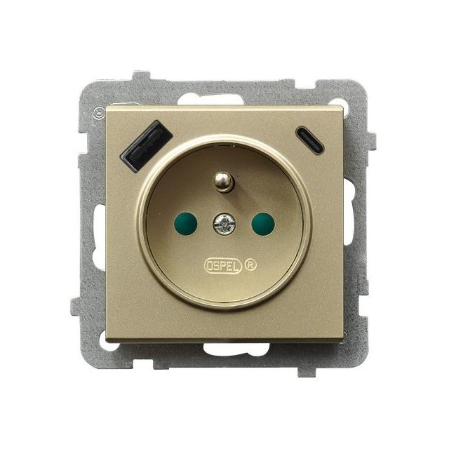 Gniazdo pojedyncze z uziemieniem z ładowarką A+C SONATA SZAMPAŃSKI ZŁOTY