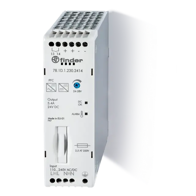 Zasilacz impulsowy 24V DC, 130W PFC, bezpiecznik + regulator + zestyk alarmu wstępnego