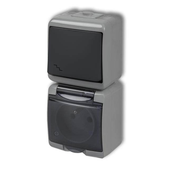 JUNIOR Łącznik schodowy z gniazdem pojedynczym z uziemieniem 2P+Z (klapka dymna; przesłony torów prą