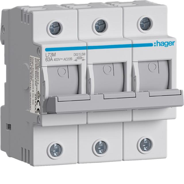 Modułowy rozłącznik bezpiecznikowy poziomy D02 3P 63A 400VAC 110/220VDC L73M HAGER