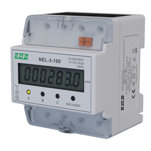 Wskaźnik zużycia energii elektrycznej 3-fazowy 3x400 VAC 100 A 4 moduły NEL-03-100 F&F