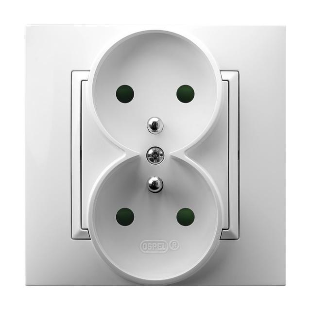 ARIA Gniazdo podwójne z uziemieniem z przesłonami torów prądowych, kompletne z ramką - kolor biały