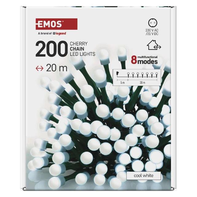Lampki choinkowe 200 LED cherry 20m zimna biel zielony przewód IP44 8 programów timer D5AC23 EMOS