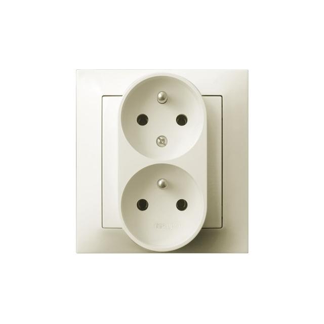 IMPRESJA Gniazdo podwójne z uziemieniem z funkcją niezamienności faz, kompletne z ramką - kolor ecru