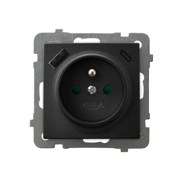 AS Gniazdo pojedyncze z uziemieniem z przesłonami torów prądowych z ładowarką USB A+C kolor czarny metalik GP-1GZPUSBAC/m/33 OSPEL