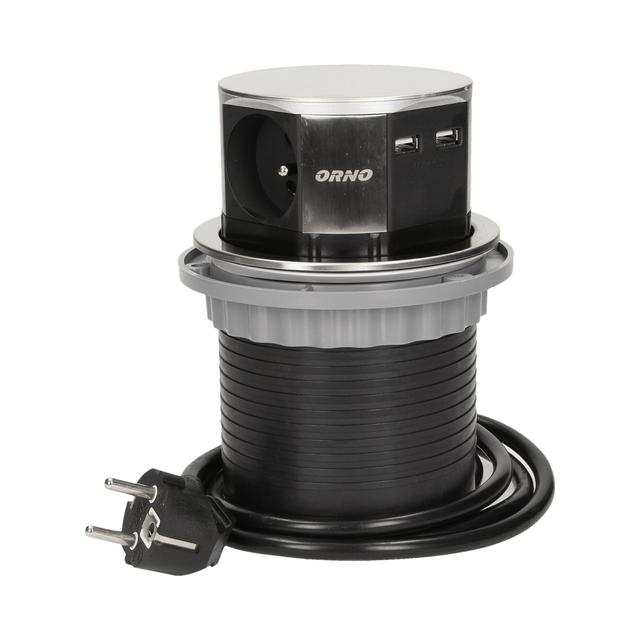 Gniazdo okrągłe wysuwane z blatu 3x250V AC +2xUSB z przewodem 1,5m, INOX