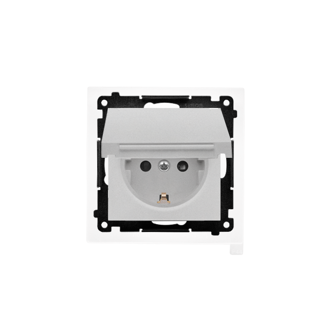 Simon 55 Gniazdo Schuko do wersji IP44 z przesłonami z uszczelką ramki szybkozłączka Klapka W kolorze pokrywy Aluminium mat TGSZ1BCZ.01/143 KONTAKT