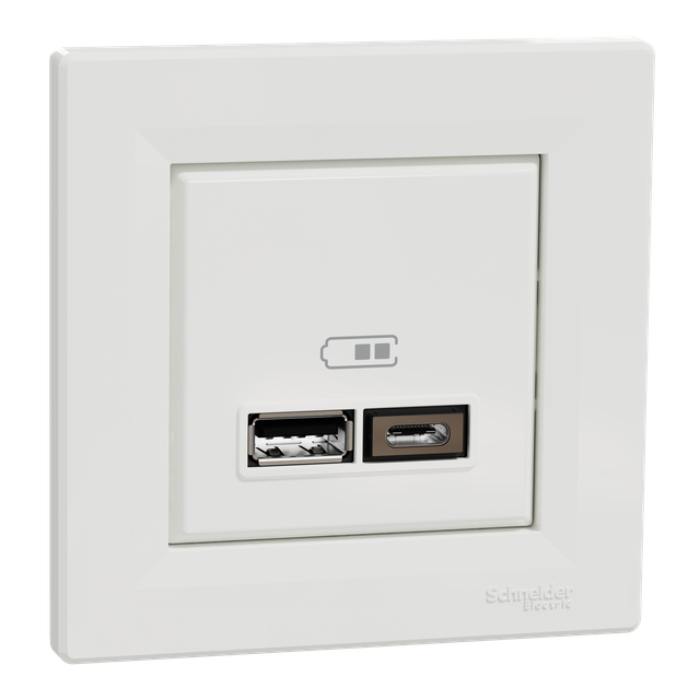 Asfora, gniazdo ładowania USB A+C 2,4A, z ramką, białe