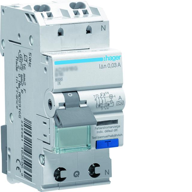 RCBO Wyłącznik różnicowoprądowy z członem nadprąd. 1P+N 6kA B 6A/30mA Typ A QC ADS906D HAGER