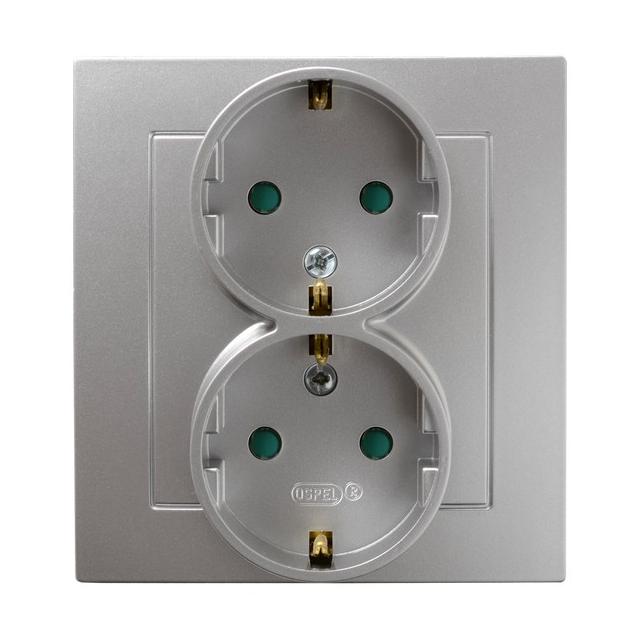 AS Gniazdo podwójne z uziemieniem schuko z przesłonami torów prądowych, kompletne z ramką - kolor sr