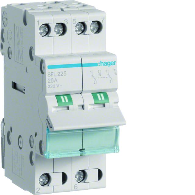 Modułowy przełącznik instalacyjny I-II punkt wspólny od dołu 2P 25A 230VAC SFL225 HAGER