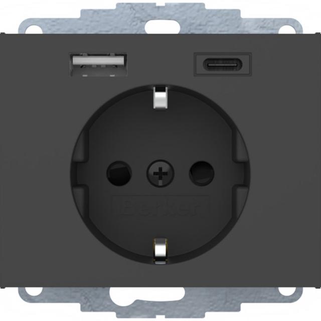 Berker K.1 Gniazdo SCHUKO z ładowarką USB A+C 2.4/3.0A samozaciski antracyt mat HAGER