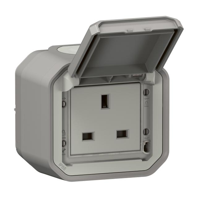 NOWE PLEXO - GN. STD. BRYTYJSKI 2P +Z ZACISKI ŚRUB NATYNKOWE 13A-250V SZARE 069732L LEGRAND