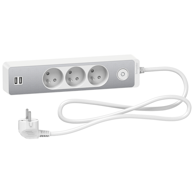 Odace, przedłużacz 3-gniazdowy z łącznikiem 2xUSB, 1,5m biały/szczotkowane aluminium