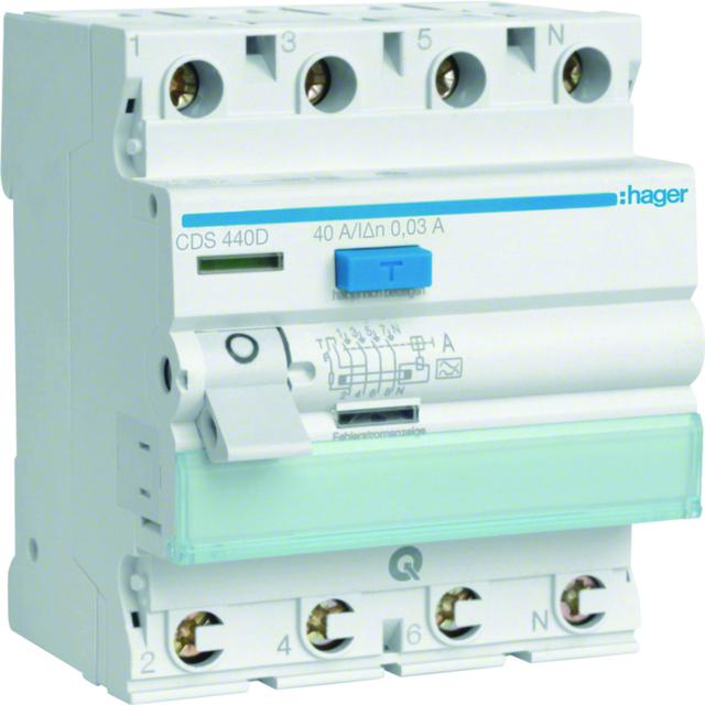 RCCB Wyłącznik różnicowoprądowy 3P+N 40A 30mA Typ A QuickConnect CDS440D HAGER