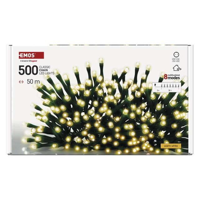 Lampki choinkowe Classic 500 LED 50m ciepła biel zielony przewód IP44 8 programów timer D4AW26 EMOS