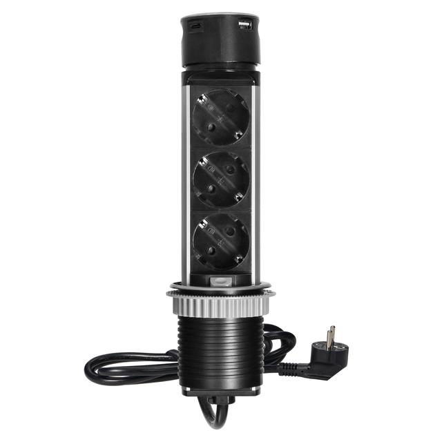 Gniazdo meblowe O6cm wysuwane z blatu z ładowarką USB i przewodem 1,5m 3x2P+Z (Schuko) 2xUSB (typ OR