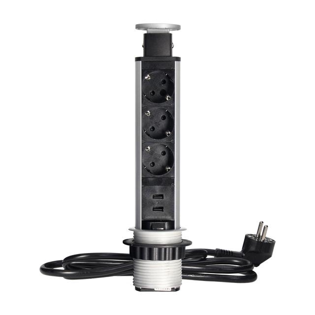 Gniazdo meblowe O6cm wysuwane z blatu z ładowarką USB blokadą i przewodem 1,8m 3x2P+Z (Schuko) 2x OR