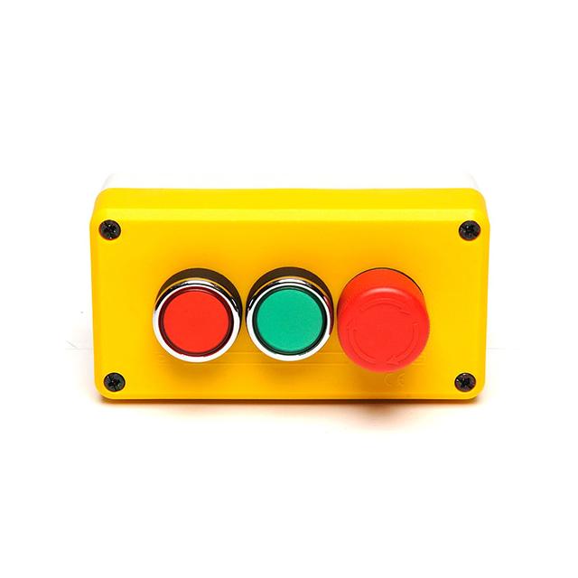 Kaseta żółto-szara, 3 przyciski, kryty ziel. (1NO), kryty czer.(1NC), bezpieczeństwa 30 mm (1NC)