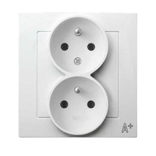 AS ANTYBAKTERYJNY Gniazdo podwójne z uziemieniem z funkcją niezamienności faz z ramką, produkt zawie