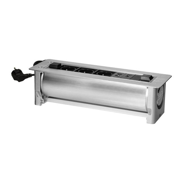 Gniazdo meblowe wpuszczane w blat z płaskim frezowanym rantem oraz elektrycznym otwieraniem, 3x2P+Z,